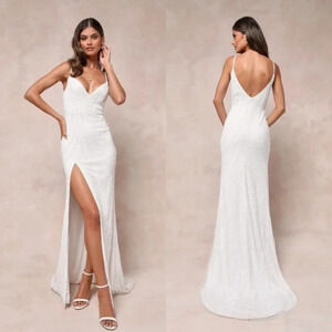 Lulu's Enchanting Perfection White Sequin Beaded Slip Maxi Dress Wedding Bride